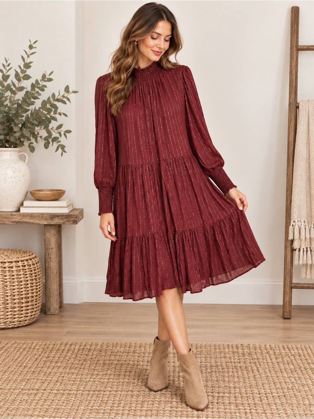 Burgundy Tiered Prairie Midi Dress Metallic Stripe Romantic Boho L